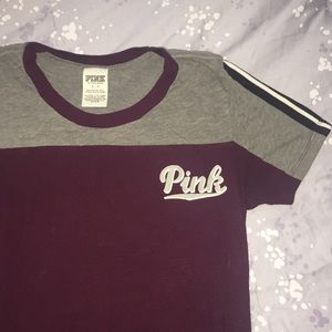 Pink branded maroon and grey striped t-shirt